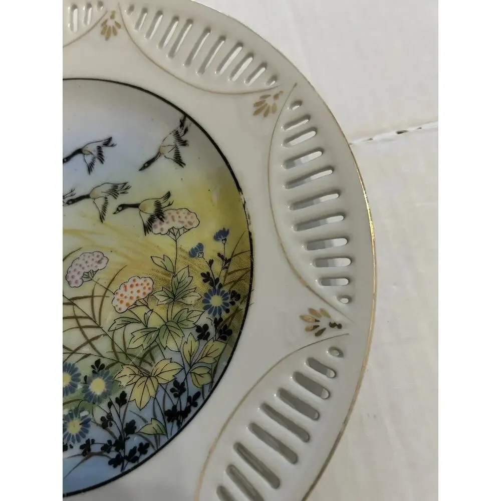 Antique Nippon Hand Painted Moriage Reticulated 9” Plate Floral Geese Gold Gilde